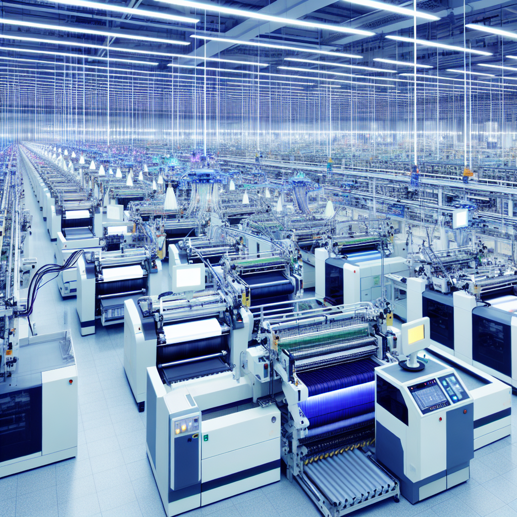 A high-tech textile manufacturing floor bustling w